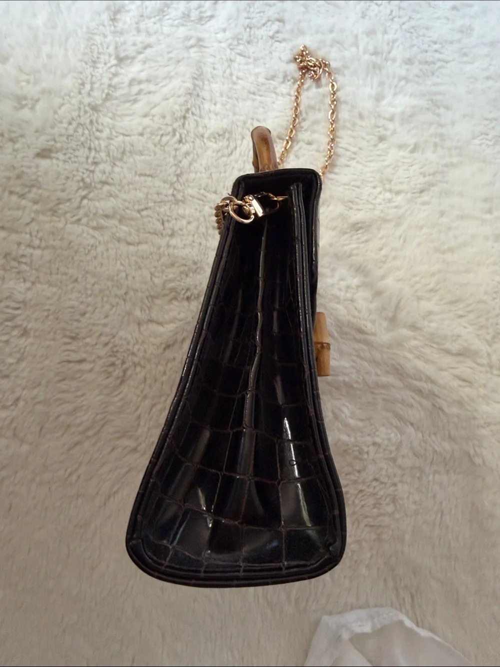 Comeco, Brown Croc-Embossed Bamboo-Handle Top-Handle Bag